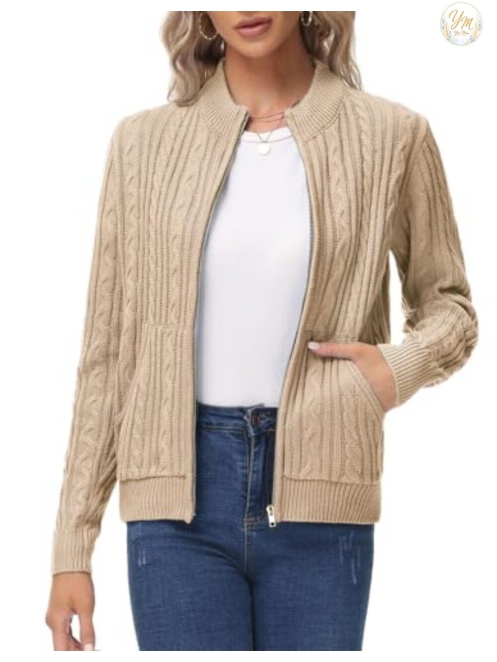 KANCY KOLE Women Zip Up Sweaters, Cable Knit Teacher Cardigan with Pockets